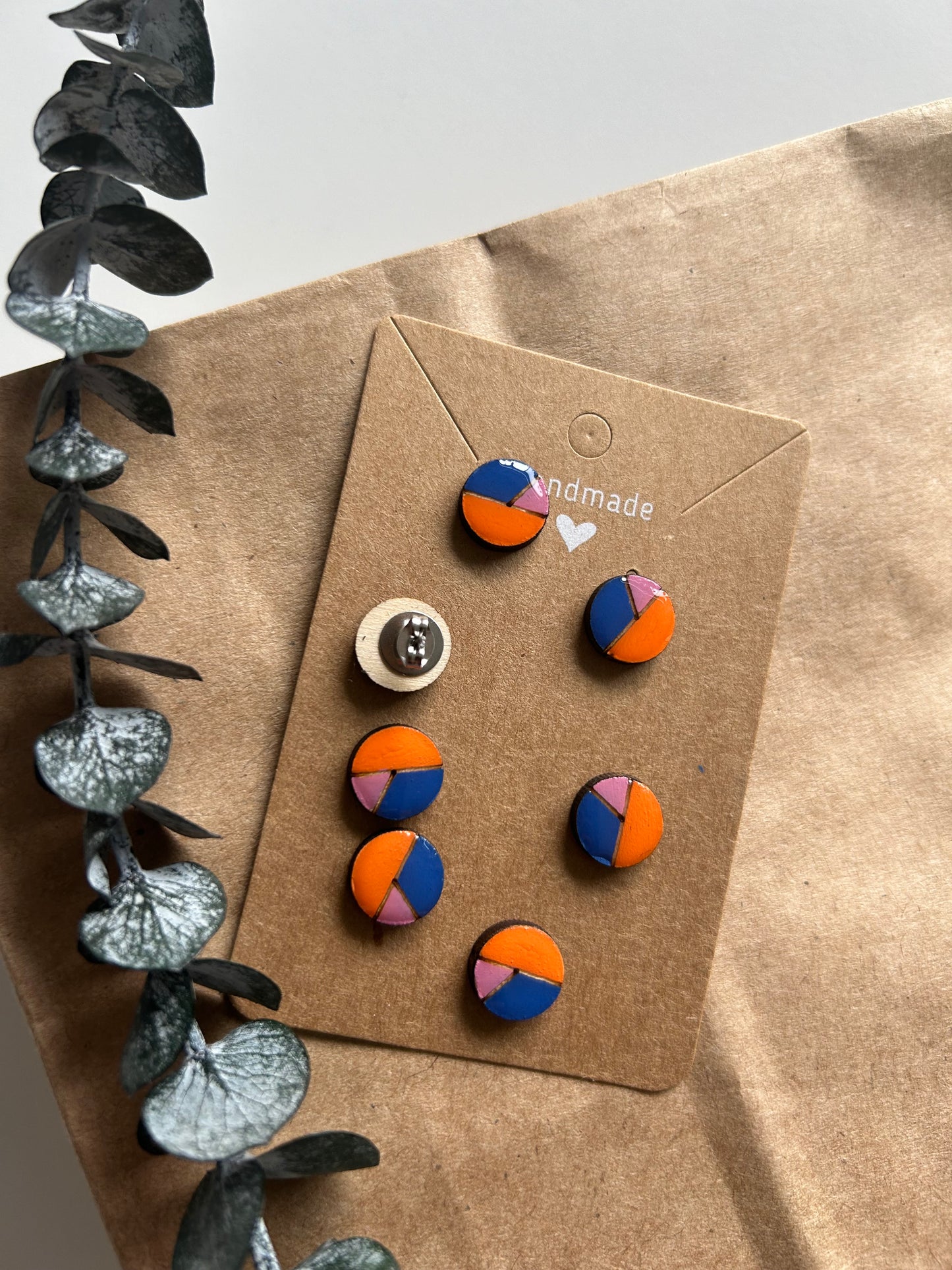 Wood laser cut minimalist colour block stud earrings