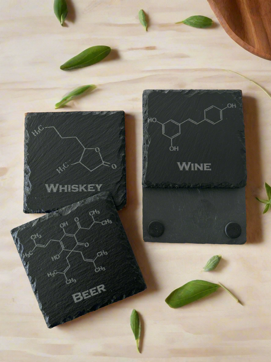 Beer Whiskey Wine Caffeine Black Slate Coasters Set of 4