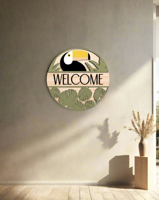 Door Welcome Tropical Bird Laser Cut Sign, Porch Toucan Wall Sign