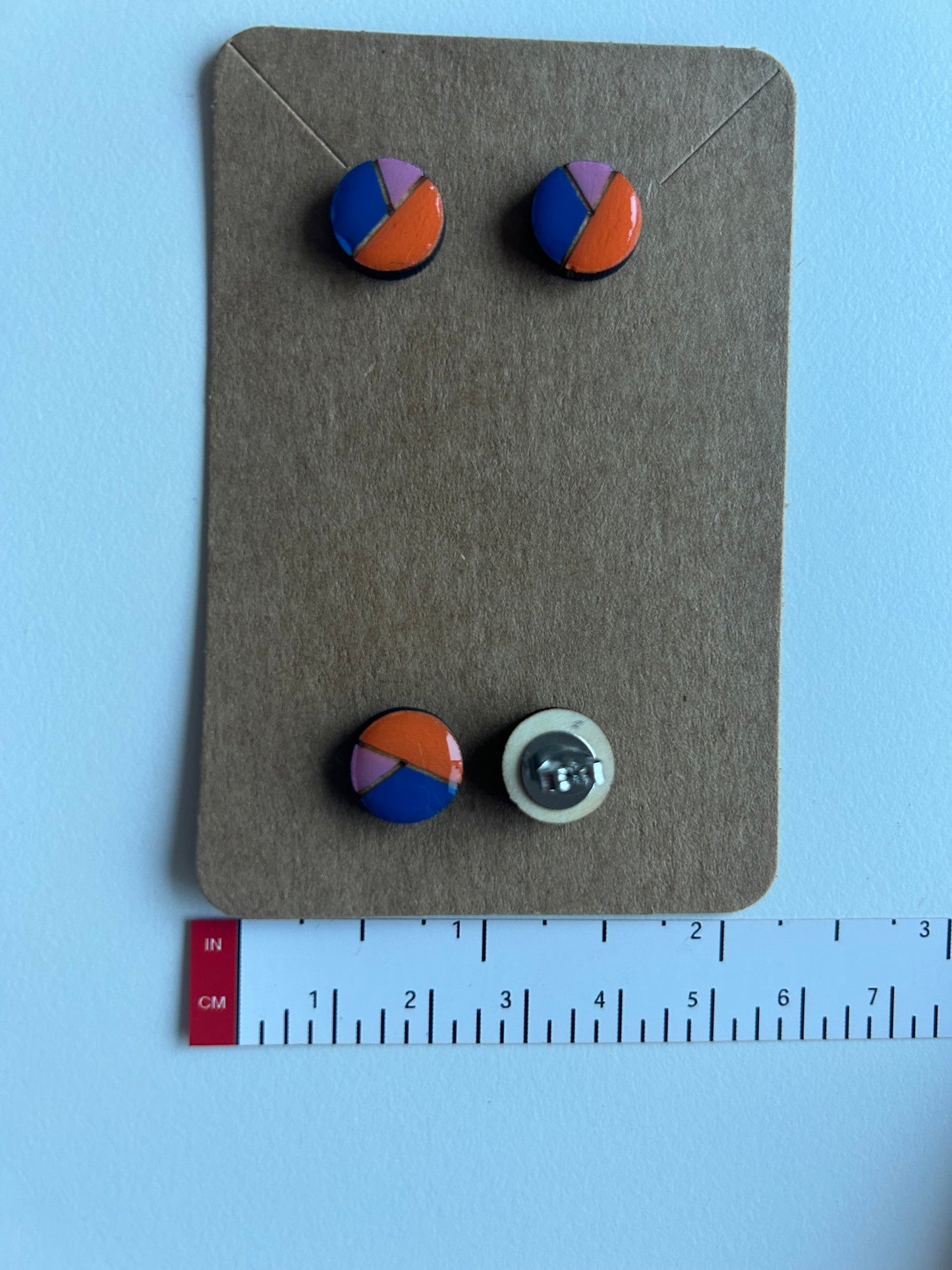 Wood laser cut minimalist colour block stud earrings