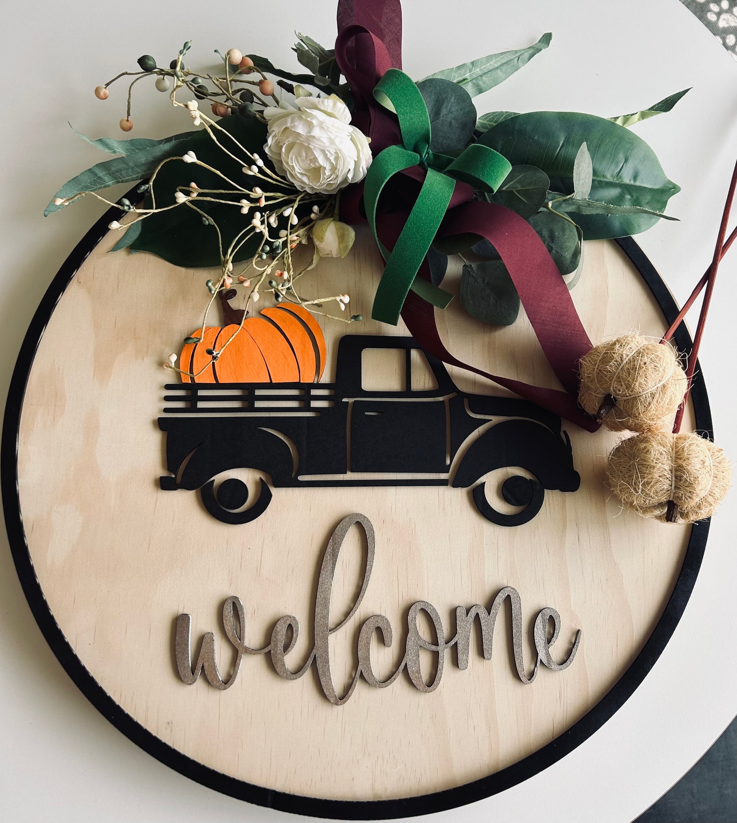 Welcome Autumn Door Decor, Wood Door Wreath