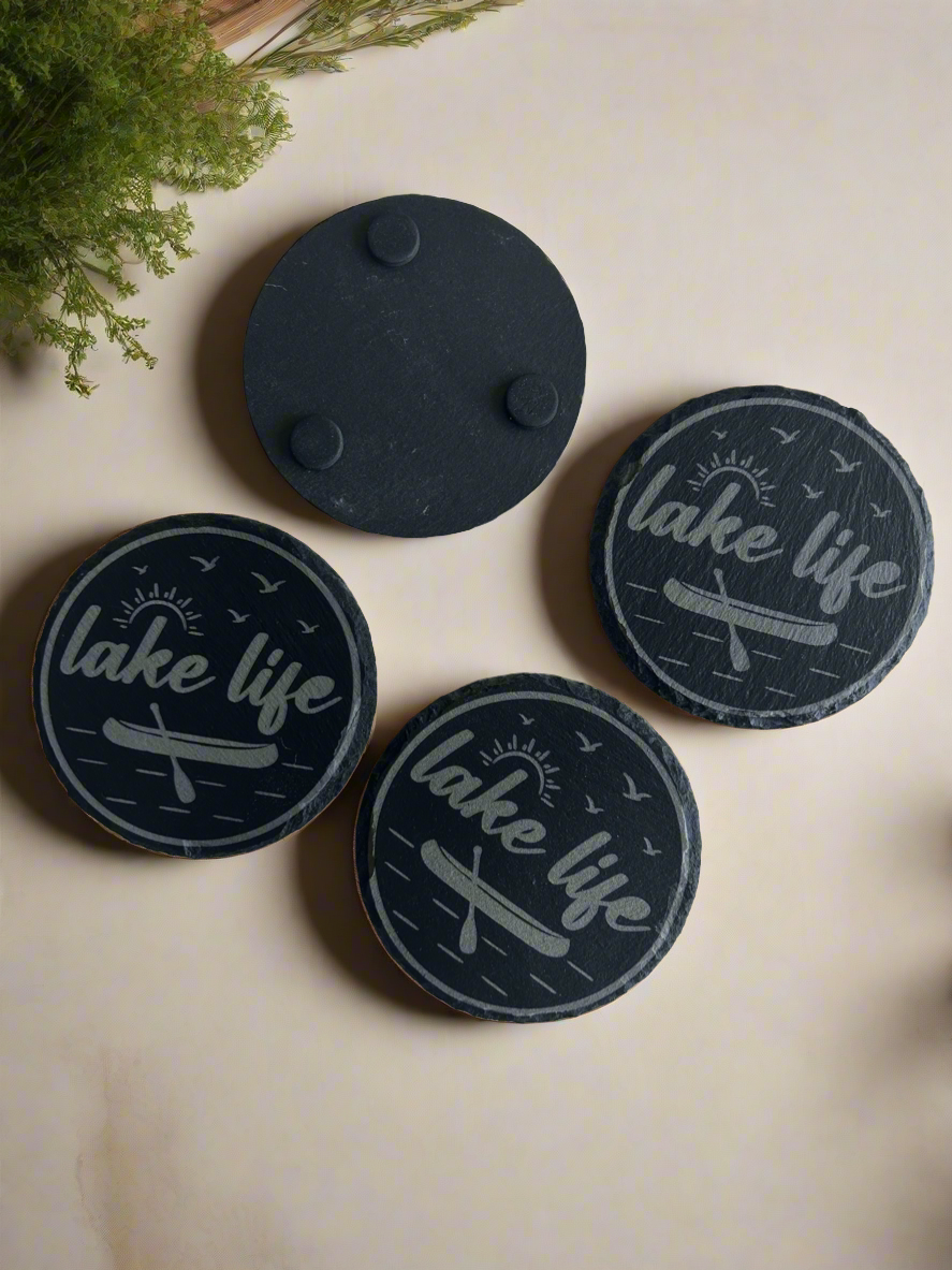 Black Slate Drink Coasters Custom made, Set of 4 Round, Lake Life Quote