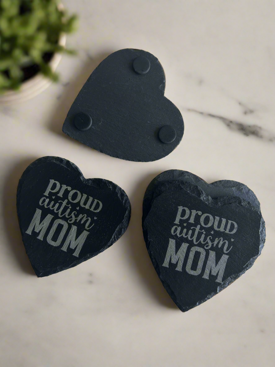 Black Slate Coasters Set of 4 Heart Shape, Proud Autism Mom Coasters