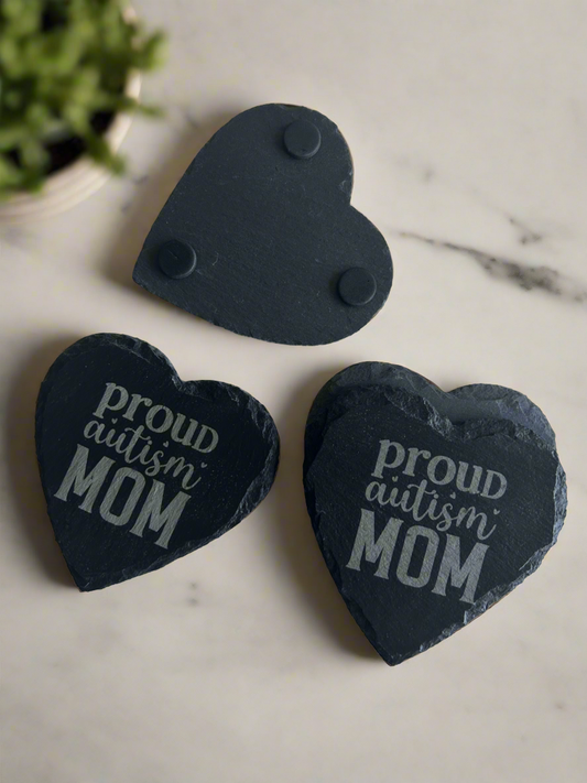 Black Slate Coasters Set of 4 Heart Shape, Proud Autism Mom Coasters