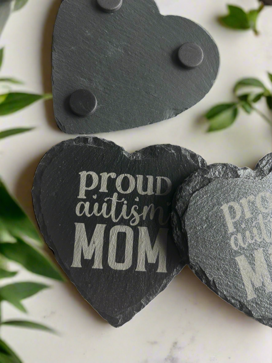 Black Slate Coasters Set of 4 Heart Shape, Proud Autism Mom Coasters